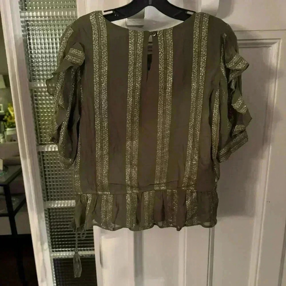 MISA Los Angeles green w metallic stripe short sleeve ruffle blouse size XS - Picture 5 of 12